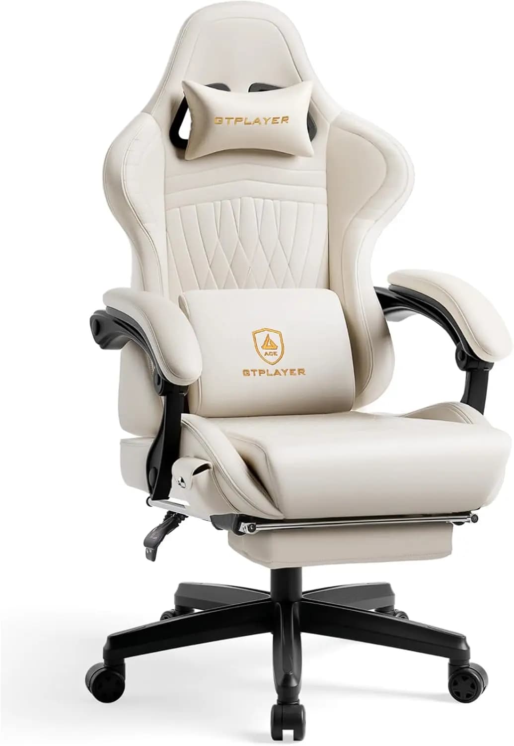 Sedia da Gaming Ergonomica con Altoparlanti, Poggiapiedi e Braccioli Collegati, Schienale Alto Reclinabile per Ufficio Domestico, Ace Pro, Bianco Sporco