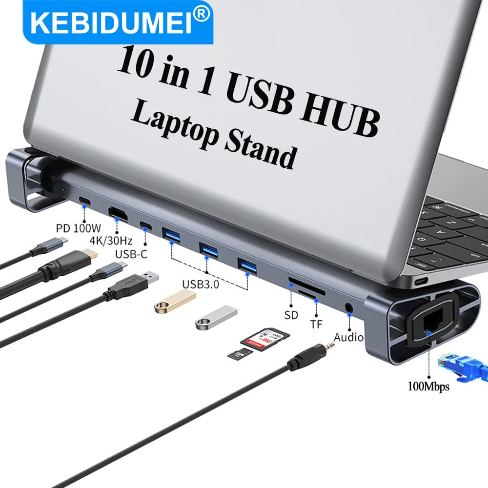 KEBIDUMEI Hub USB 3.0 10 in 1 con Base Pieghevole per Laptop, PD 100W, 4K HDTV, Lettore SD TF, LAN 100Mbps, Docking Station