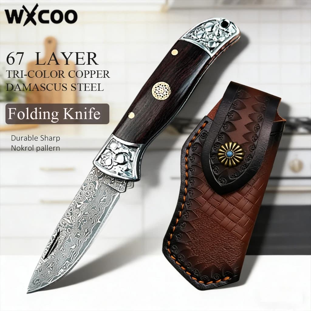 Folding knife WXCOO Damascus, Ergonomic kitchen knife with wood handle and stainless steel blade, with case