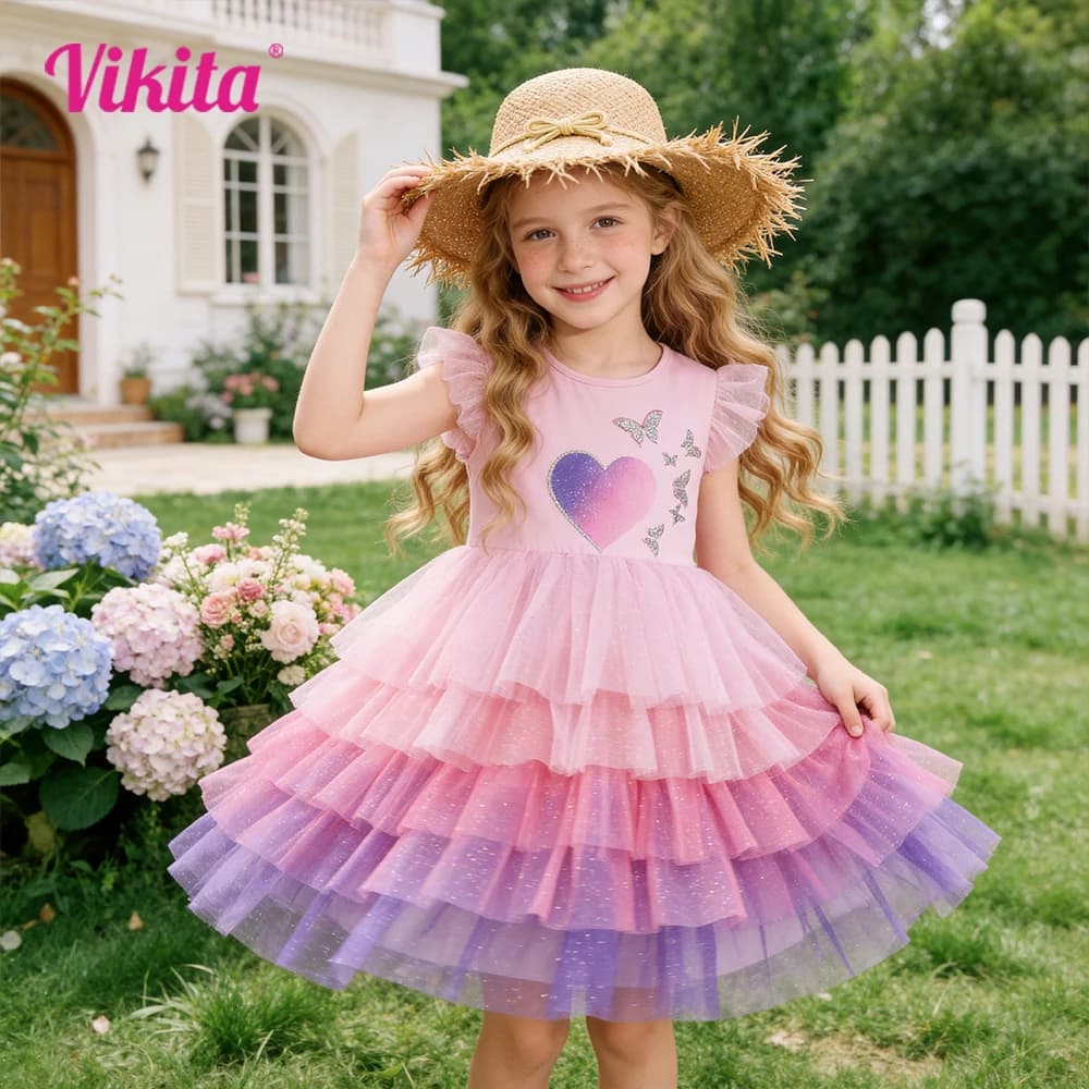 Girls Pink Tulle Tutu Dress Kids Ombre Heart Butterfly Print Flare Sleeve Summer Layered Cake Gradient Princess Party Dresses