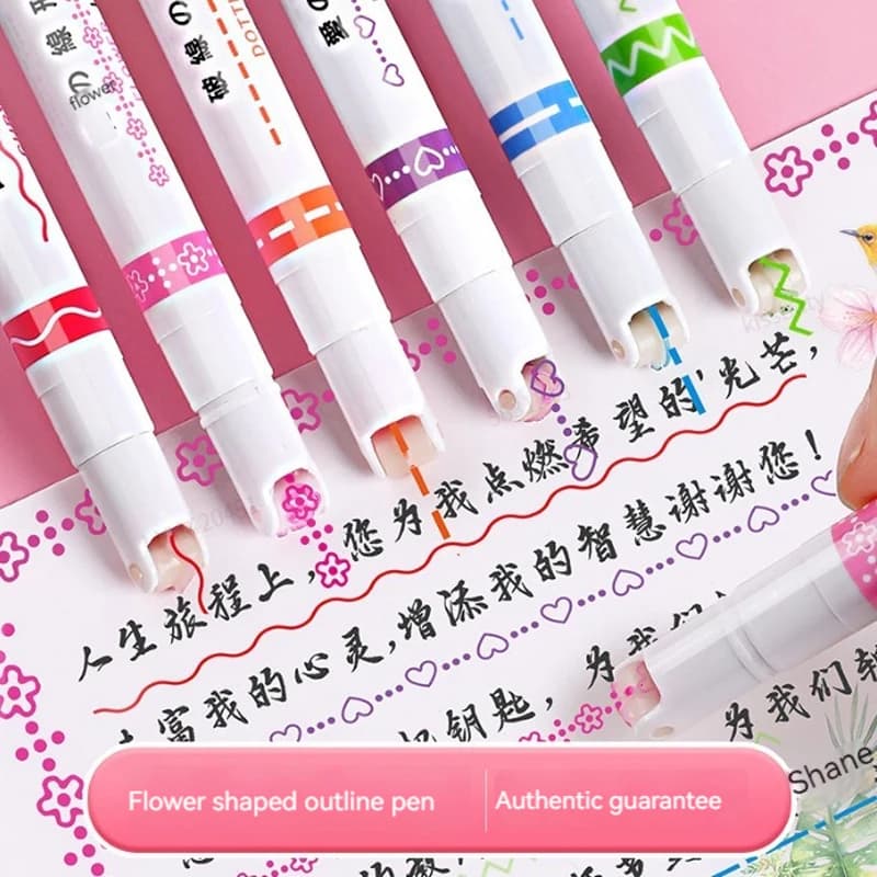 Kawaii Flowers Line Shaped Highlighter Pens, Roller Tip, Curve Liner, Marker for Writing, Journaling,Drawing Stationery, 6Pc Set