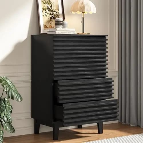 Wood Fluted 4 Drawer Tall Dresser, Mid Century Black Wide Chest of Drawers with Handle-Free Metal-Glide Drawers for