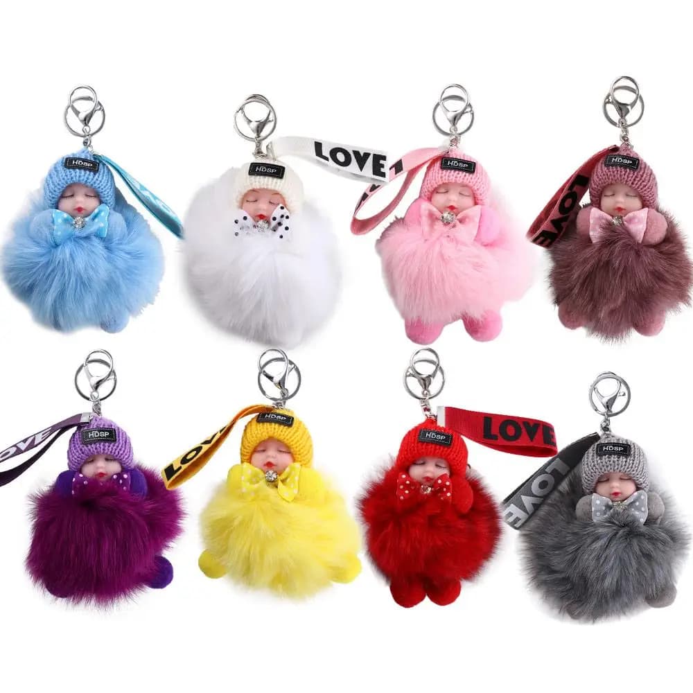 Nice pendant bag backpack keychain for auto jewelry gift keychain with pompon sleeping doll keychain in soft plush doll