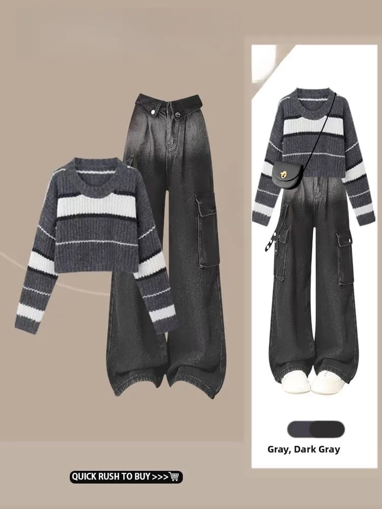 New Korean Sle Color Blo Stripe ort Knitted Sweater adient ey Faionable Versatile Slimming Wide Leg Jeans Set
