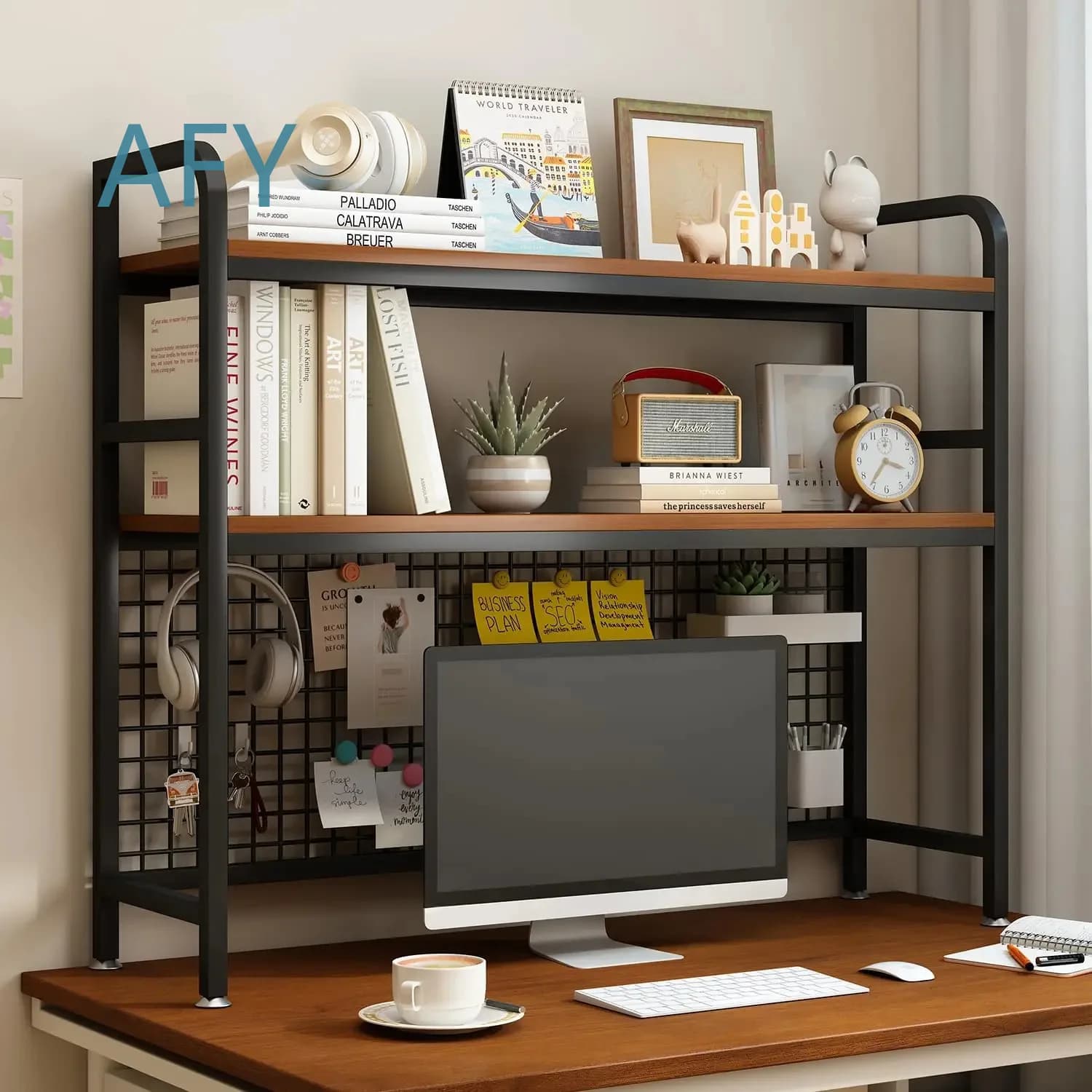 Desktop Bookshelf for Monitor Stand Dual Layer Pegboard Metal Grid Hook Organizer Desk Storage Rack for Home Office