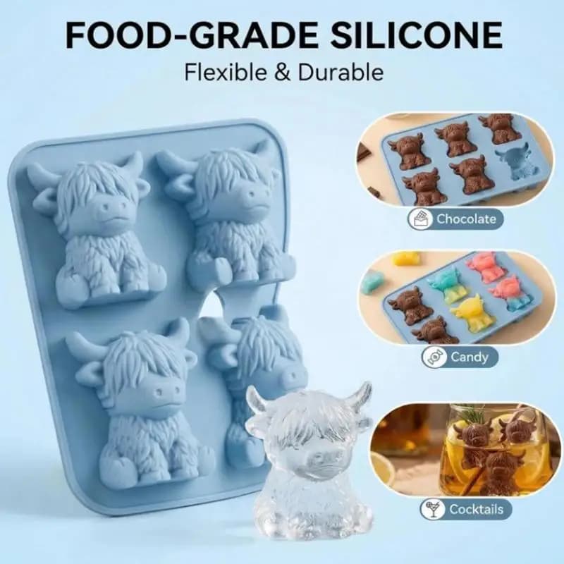 Stampo in Silicone a Forma di Mucca Highland 3D per Cubetti di Ghiaccio, Fondente, Cioccolato, Caramelle, Candele - Strumento da Forno a Forma di Animale per Decorazioni per Feste e Cucina