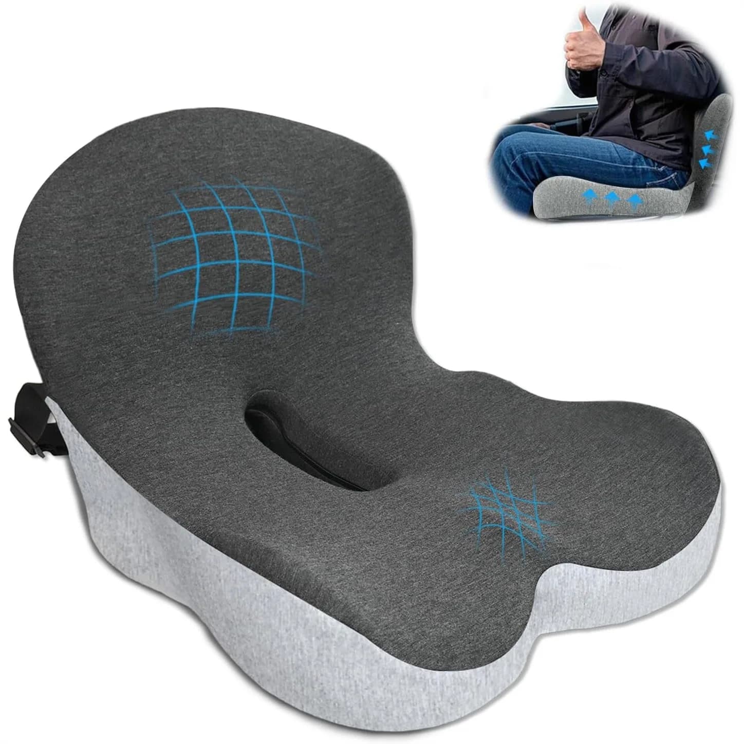 Cuscino in Memory Foam con Supporto Lombare per Alleviare il Dolore alla Schiena, Cuscino per Auto e Sedia da Ufficio con Cinghia Regolabile