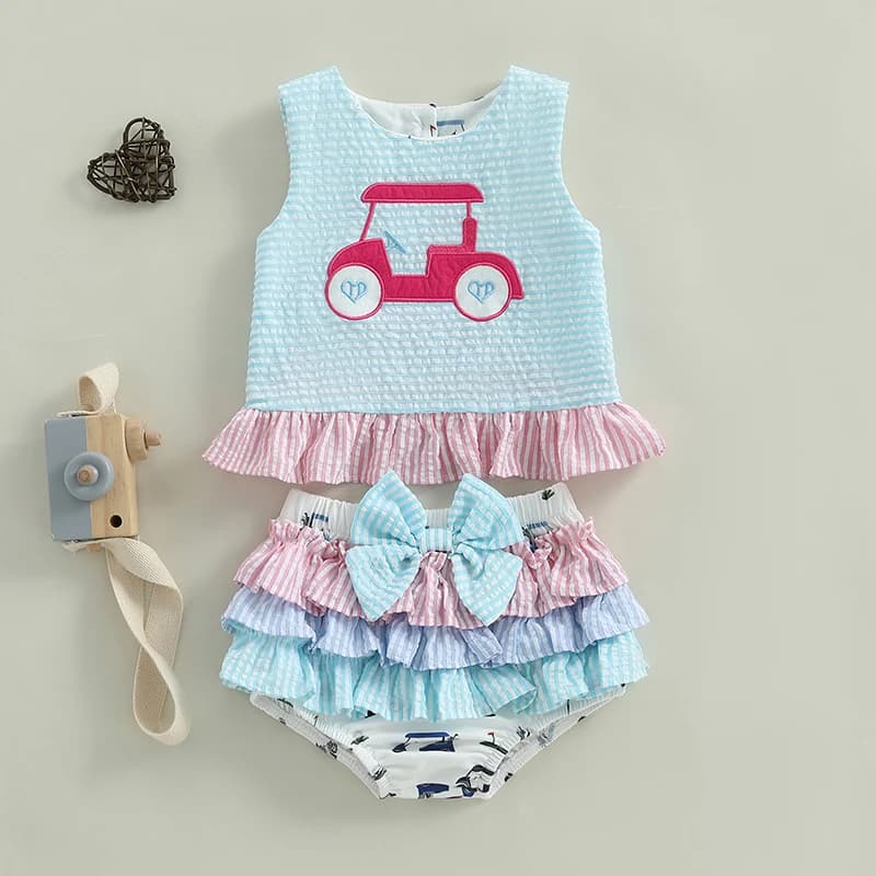 Newborn Baby Summer Princess Dress Sets Clothes for Girls Two Pieces Outfits Car Sleeveless Tops Ruffle Shorts Infant Suits