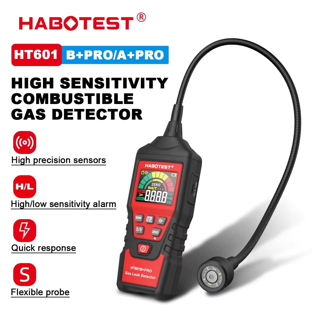 Rilevatore di Fughe di Gas HABOTEST HT601A HT601B 0-1000PPM con Allarme Sonoro e Schermo, Rilevatore di Gas Naturale Combustibile e Metano