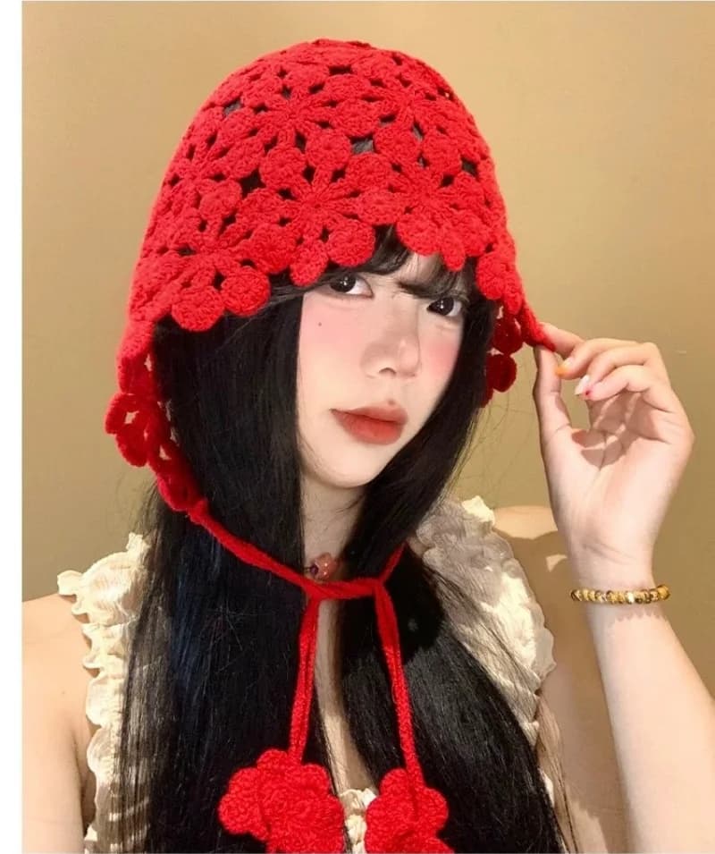 Japanese-Style Versatile Cute Breathable Hat for Women with Strap Knitted Bucket Hat, Single-Color Knit Fisherman Hat