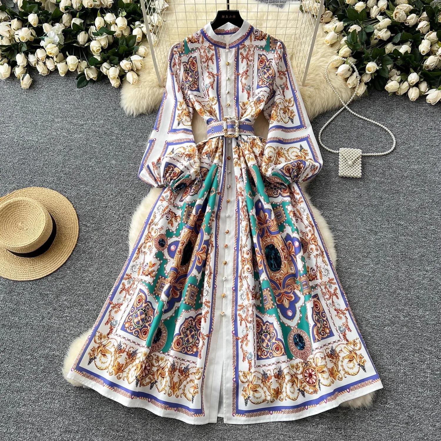Abiti da vestaglia in lino Paisley per le vacanze della passerella di moda Abiti da donna eleganti con maniche lunghe a lanterna con stampa vintage