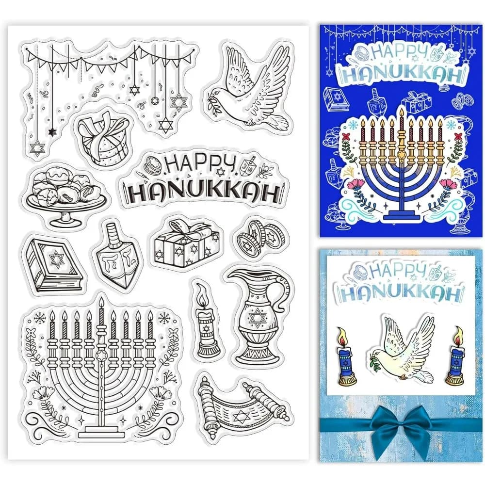 Timbri trasparenti Happy Hanukkah, timbro in plastica PVC da 4,3x6,3 pollici Timbri per etichette Chanukah Candele Timbri artigianali Moneta Stella Dessert