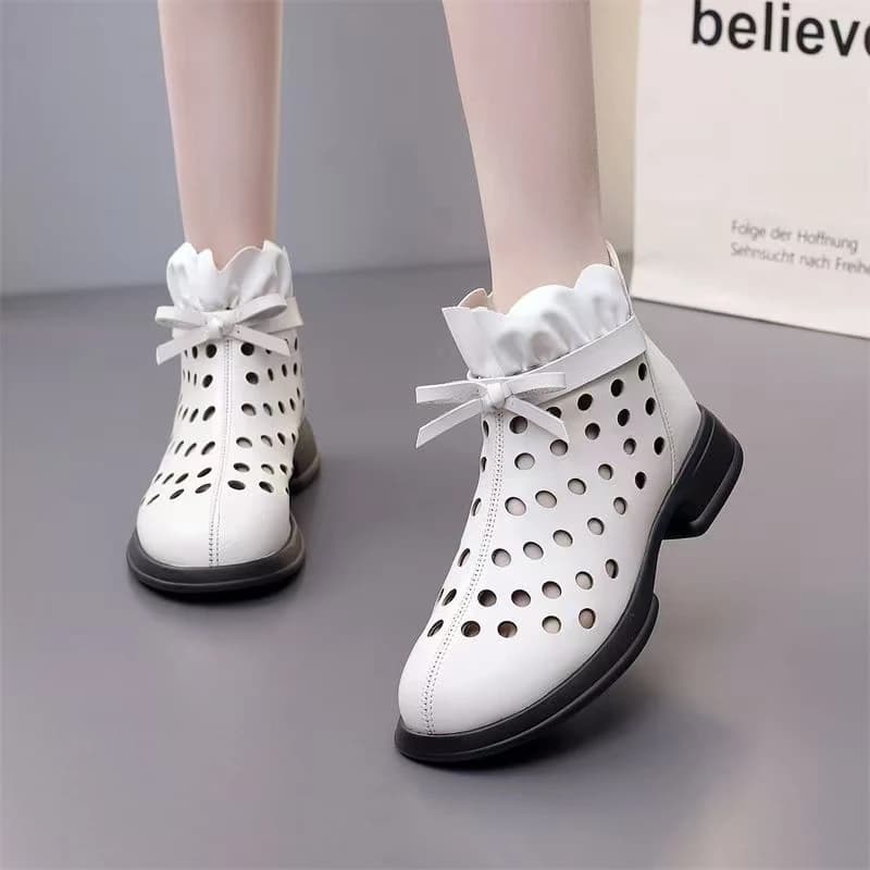 Women Real Leather Hollow Out Block Heel Ankle Boots Spring Summer New Soft Sole Non Slip Breathable High Top Cave Cool Boot