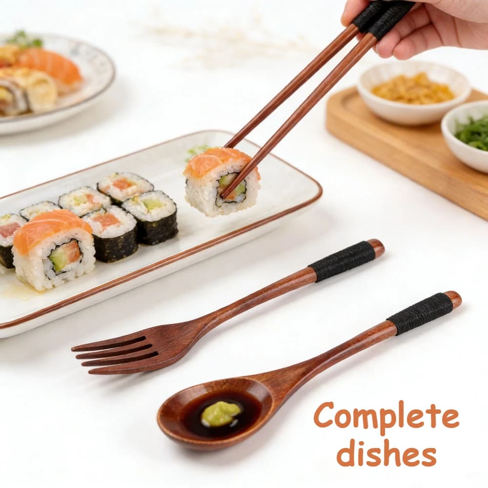 3 piece natural wooden cutlery set, spoon, wands, fork, complete portable dishes for domestic cuisine, tableware set for dinner