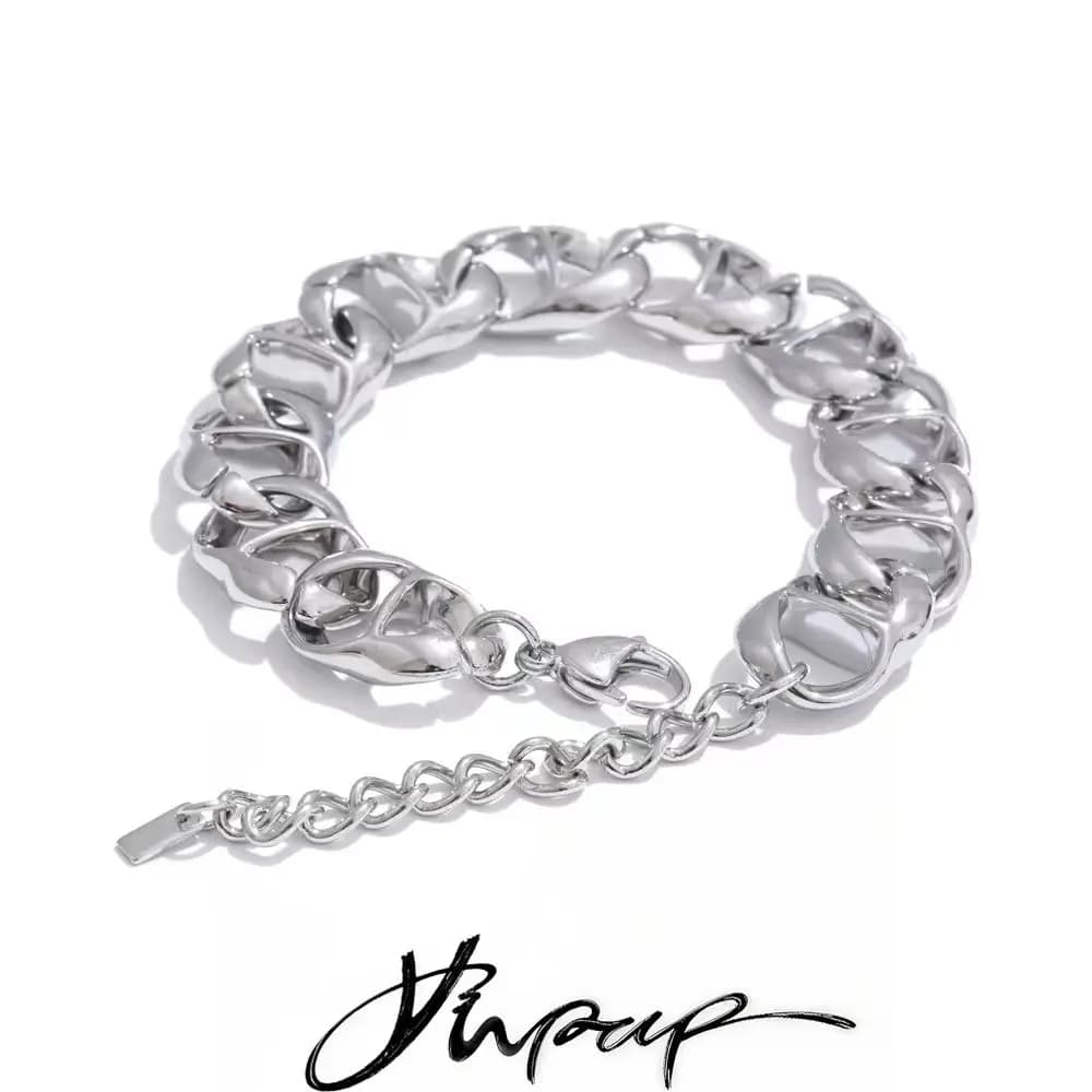 Yhpup 19+6cm Unisex Stainless Steel Wide Chain Bracelet Bangle for Men Women 2025 Waterproof Metal Statement Jewelry Accessories