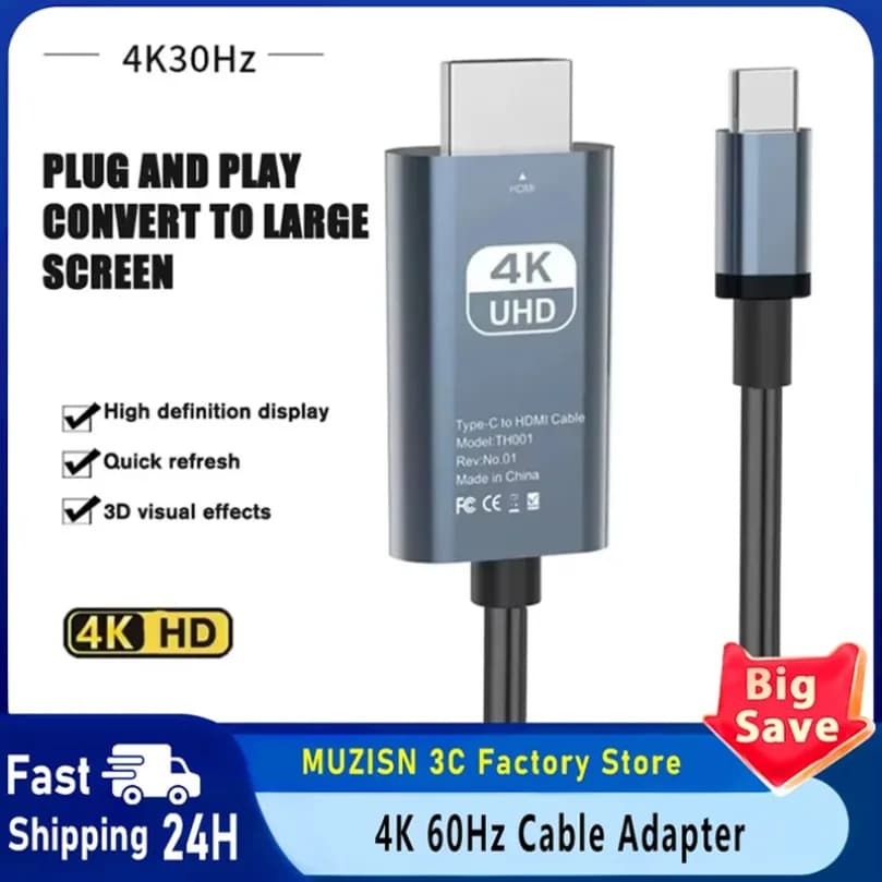Video conversion cable HD 4K 60Hz Typec to HDMI Same cable screen TV Computer projection cable 2 meters braided screen projection cable