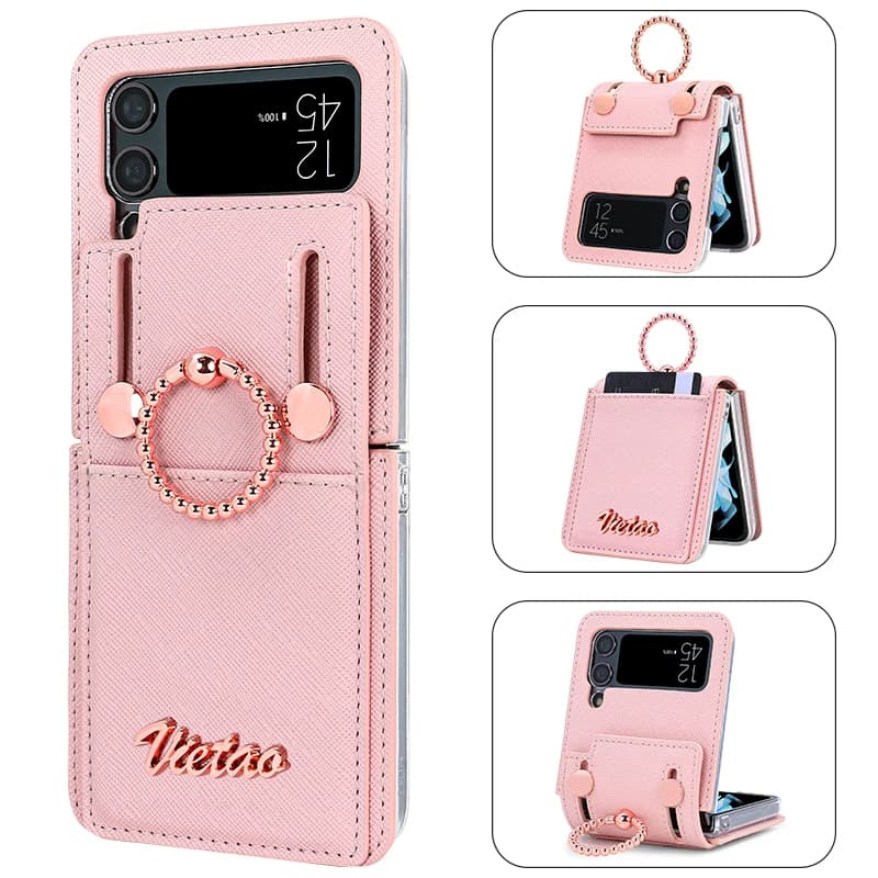 VIETAO Phone Case Z Flip 3 with finger ring support, PU leather cell phone cover for Galaxy Z Flip 3 with card slot, pink gold