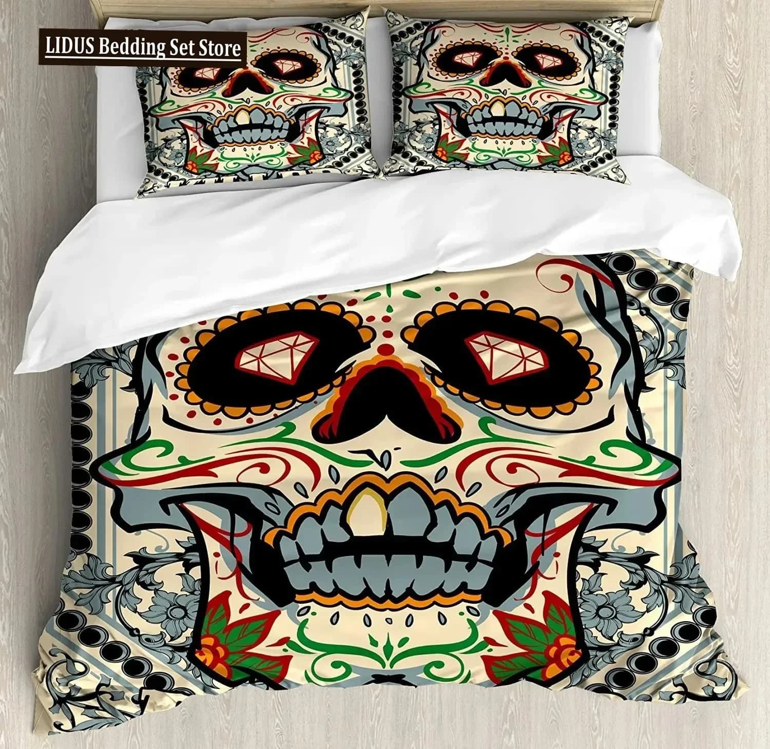 Set copripiumino con teschio di zucchero, struttura Sugar Killer Calaveras Day Of The Dead Stampa design gotico vintage, set biancheria da letto con teschio