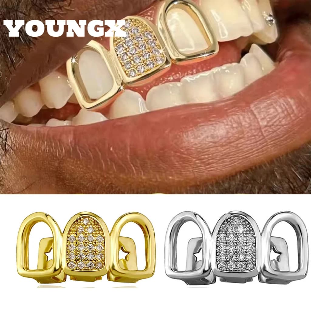 YOUNGX Hip Hop Three tooth caps with zircons cable for woman Man Punk Mixed CZ Stone Grillz Jewels Dental Grills Christmas