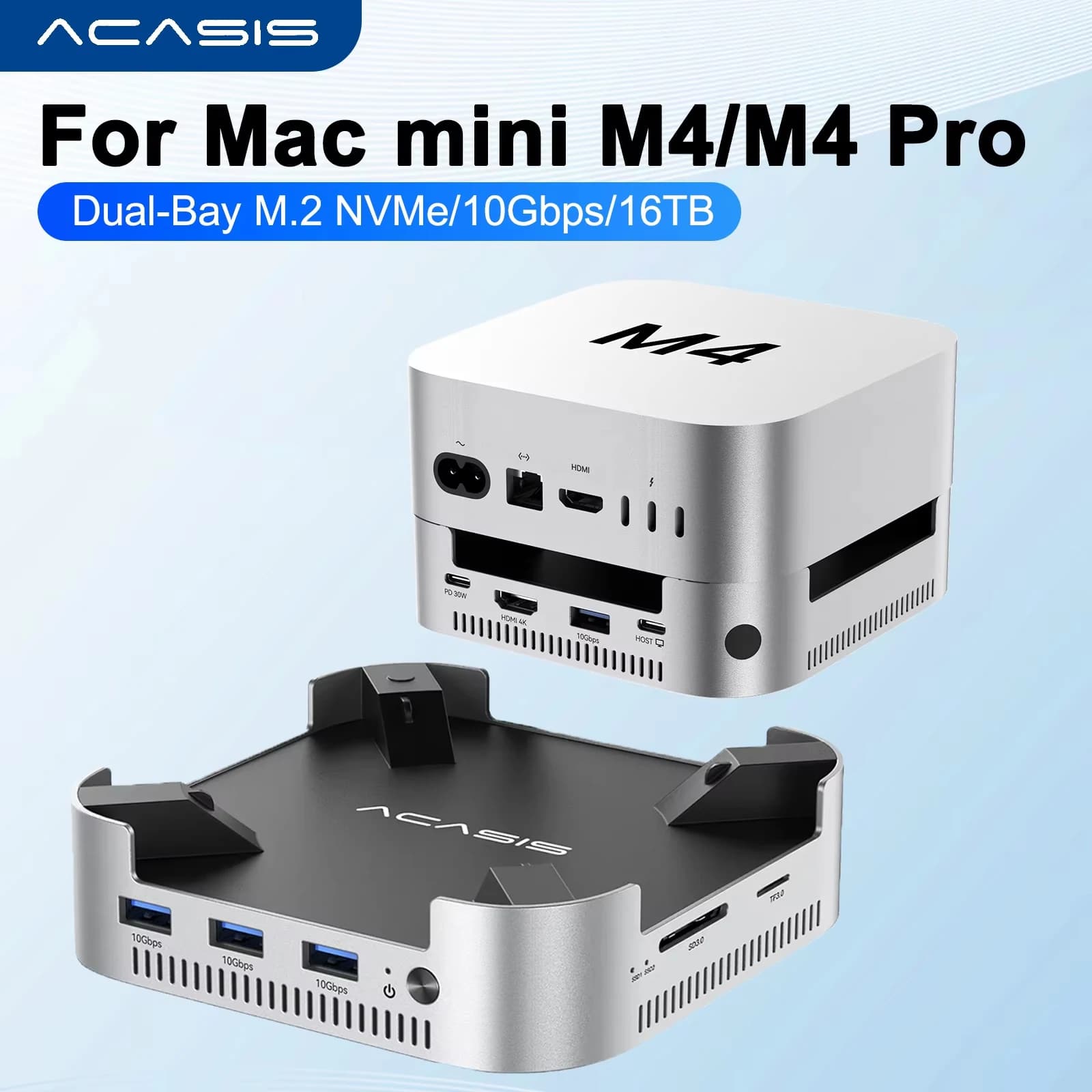 Acasis Mac Mini Docking Station Hub USB C con custodia SSD M.2 NVMe a doppia baia Splitter USB-A da 10 Gbps SD e TF per Mac Mini M4 Pro