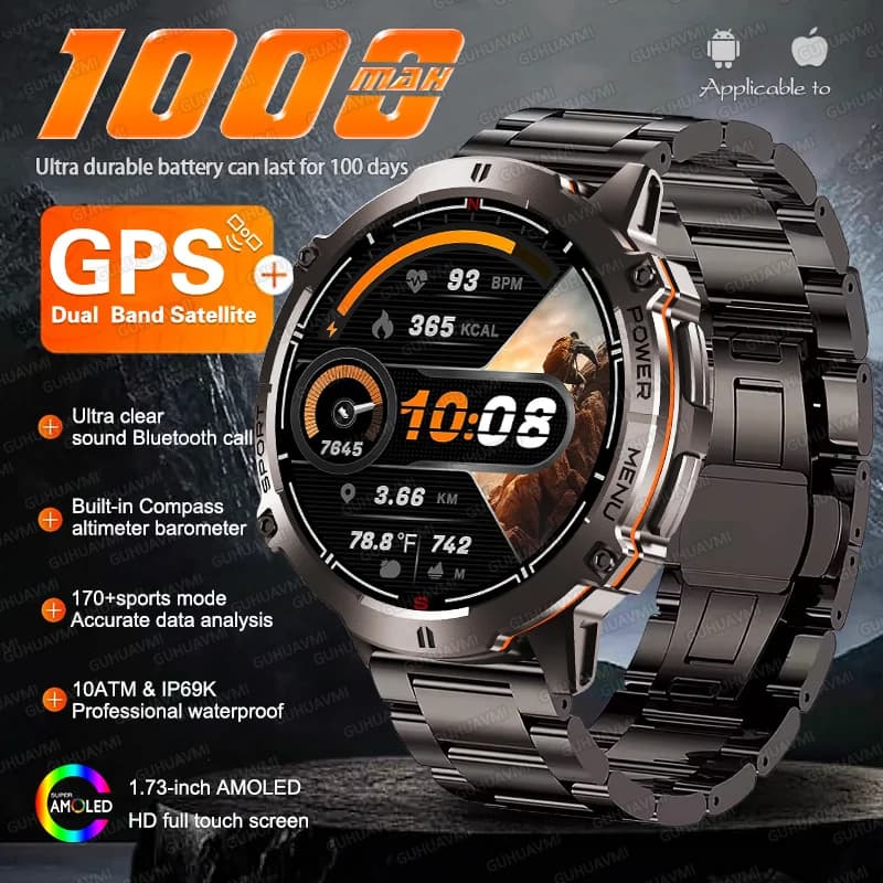 NUOVO TANK X3 Militare 1000mAh GPS Astuto Della Vigilanza 1.73 AMOLED Schermo Bussola Incorporata Altimetro Nuoto 10ATM Chiamata Impermeabile Smartwatch