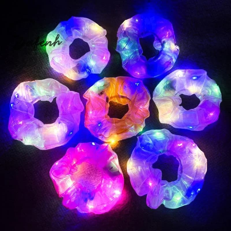 6Pcs Candy Color LED Light-Up Hair Scrunchies Elastic Organza Glowing Hairbands Hair Rings For Girls Party Supplies