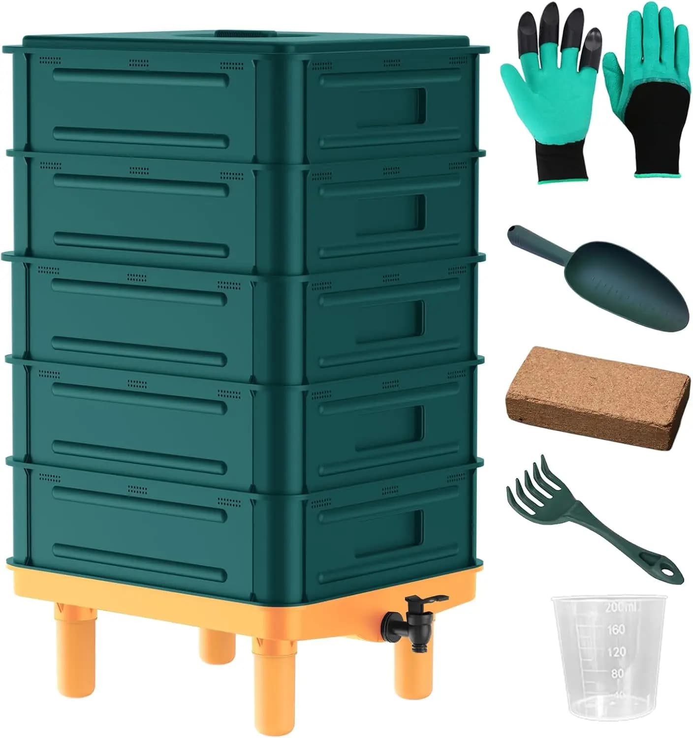 Compositore di vermi a 5 vassoi, contenitore per vermicomposizione per interni ed esterni da 85 litri con kit iniziali per il riciclaggio di rifiuti alimentari in giardino (verde)