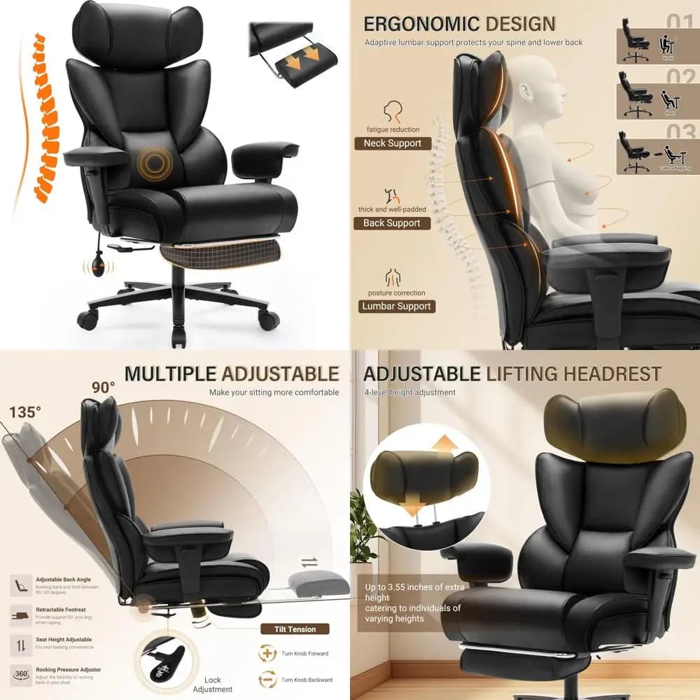 sedia da ufficio con poggiapiedi e supporto in legname in vita, sedia da gioco ergonomica con poggiatesta regolabile in altezza, schienale alto in pelle