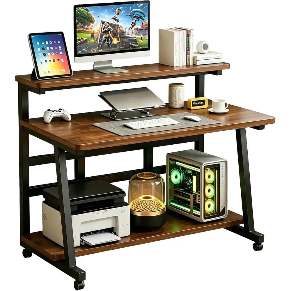 Portable 31.5 Compact Computer Desk with Monitor Stand and Storage for Small Spaces