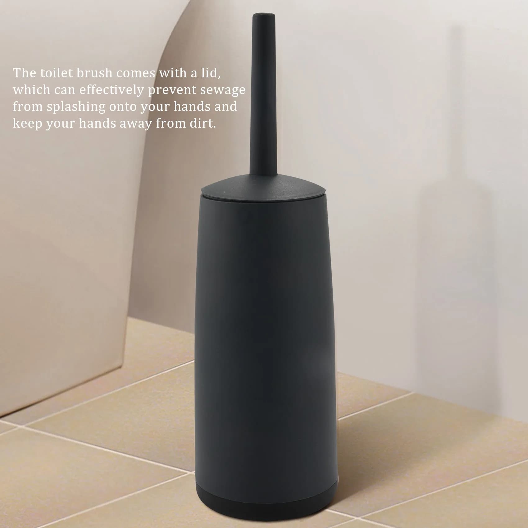 A36T-Scovolini e supporti per WC, Scovolino per WC con supporto grigio scuro per bagni, Design moderno, Scovolino per WC con coperchio lungo