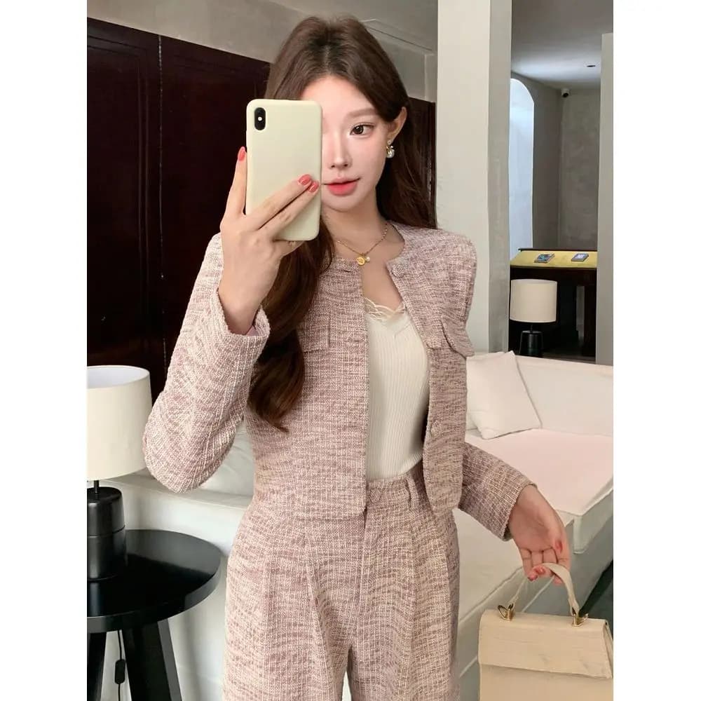 Womens Elegant Faux Pocket Round Neck Jacket Pants 2 Pieces Set, Spring,Wedding Guest Dress Women