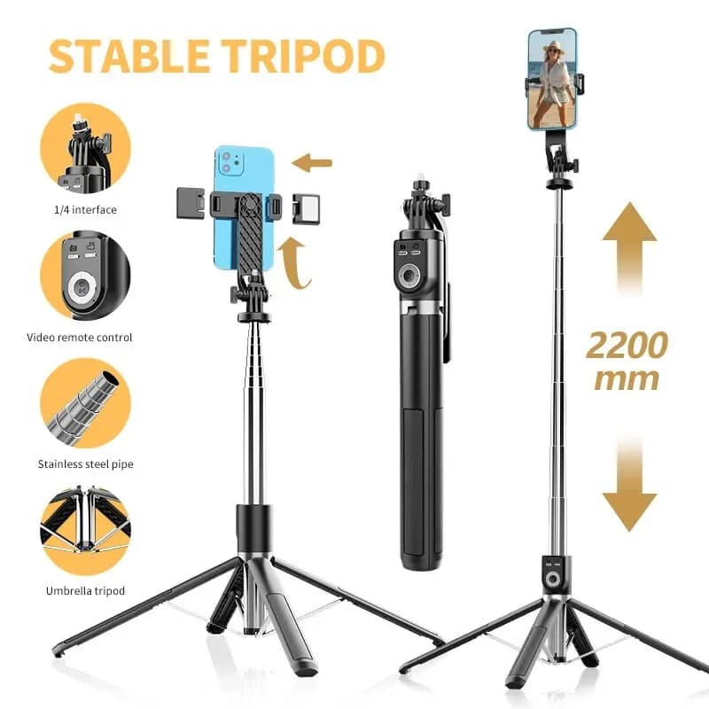 Selfie Stick P220 Foldable 2,2 m wireless selfie stick tripod with phone support with remote Bluetooth rechargeable GoPro camera