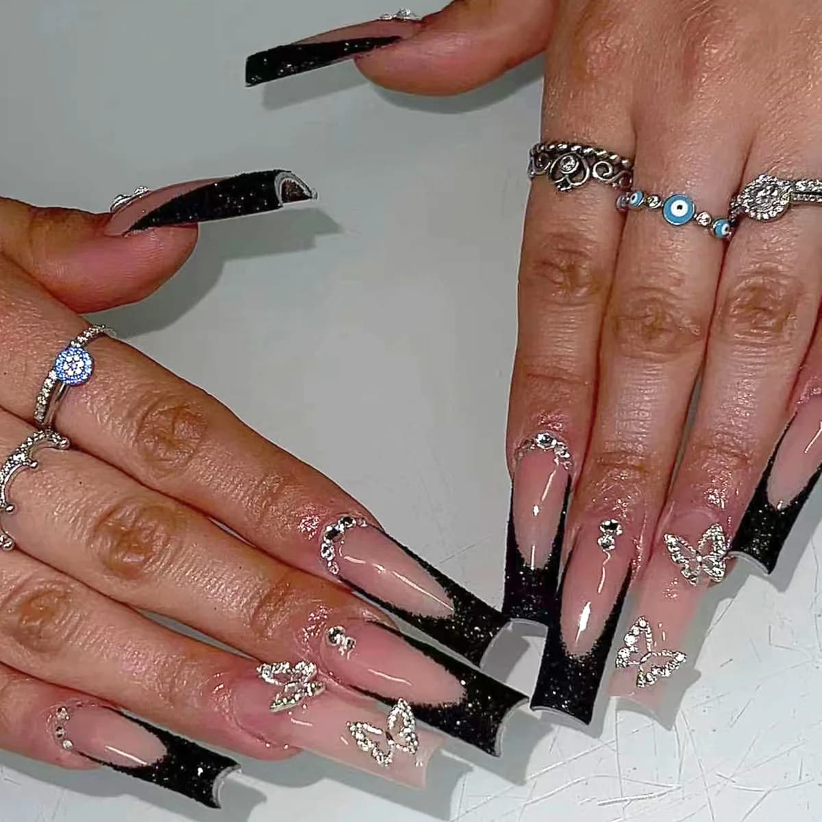24 pcs set of fake french black nails design with butterfly rhinestones long square print on nail tips fake detachable coffin