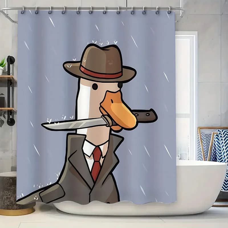 Tenda da doccia per detective di anatra simpatico cartone animato per bambini e adulti -Arredamento da bagno divertente e unico con illustrazione di saldatura di coltelli