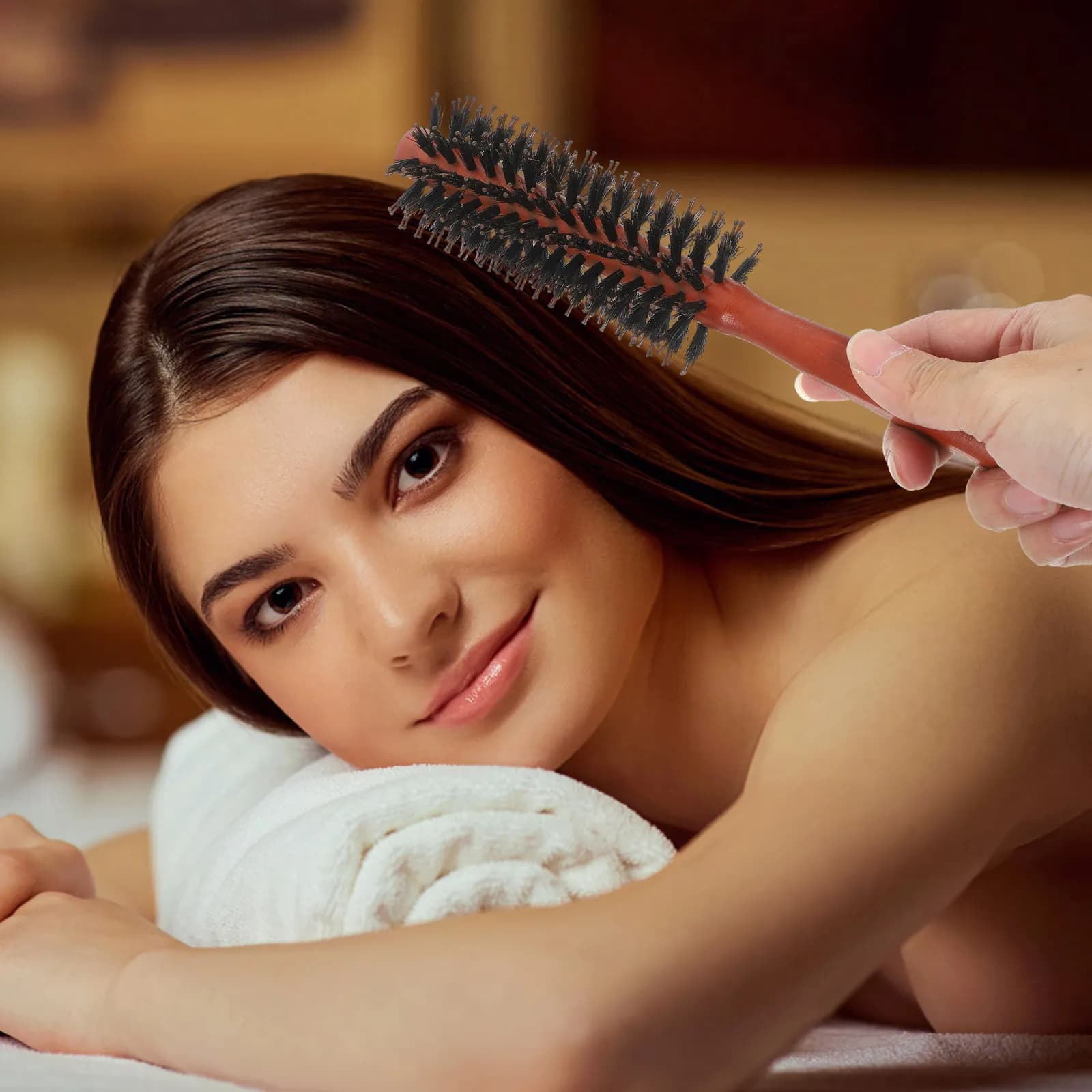 Boar Bristle Round Hair Brush Twill 10 Wooden Handle for Blow Drying Straightening Curling Styling Women Hair Brush