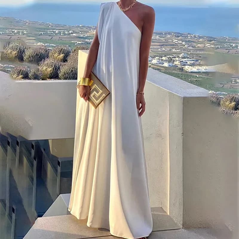 Gonna lunga monospalla da donna a vita alta a trapezio in poliestere, estiva, alla moda, pezzo unico, copertura completa