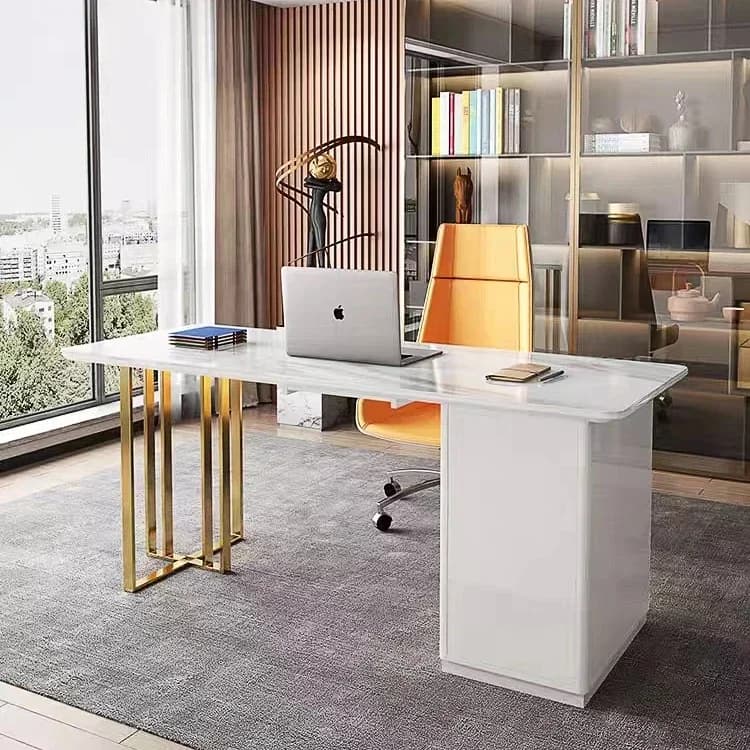 l Tavolo da ufficio moderno per mobili per ufficio domestico con cassetti Scrivania da studio per computer con gamba in acciaio inossidabile con bordo in roccia