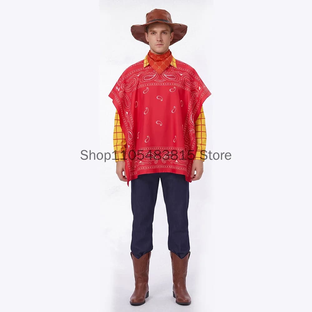 Costume da uomo per cosplay di Woody, ispirato al film Toy Story, poncho western, sciarpa, bandana, costume da sceriffo per giochi di ruolo