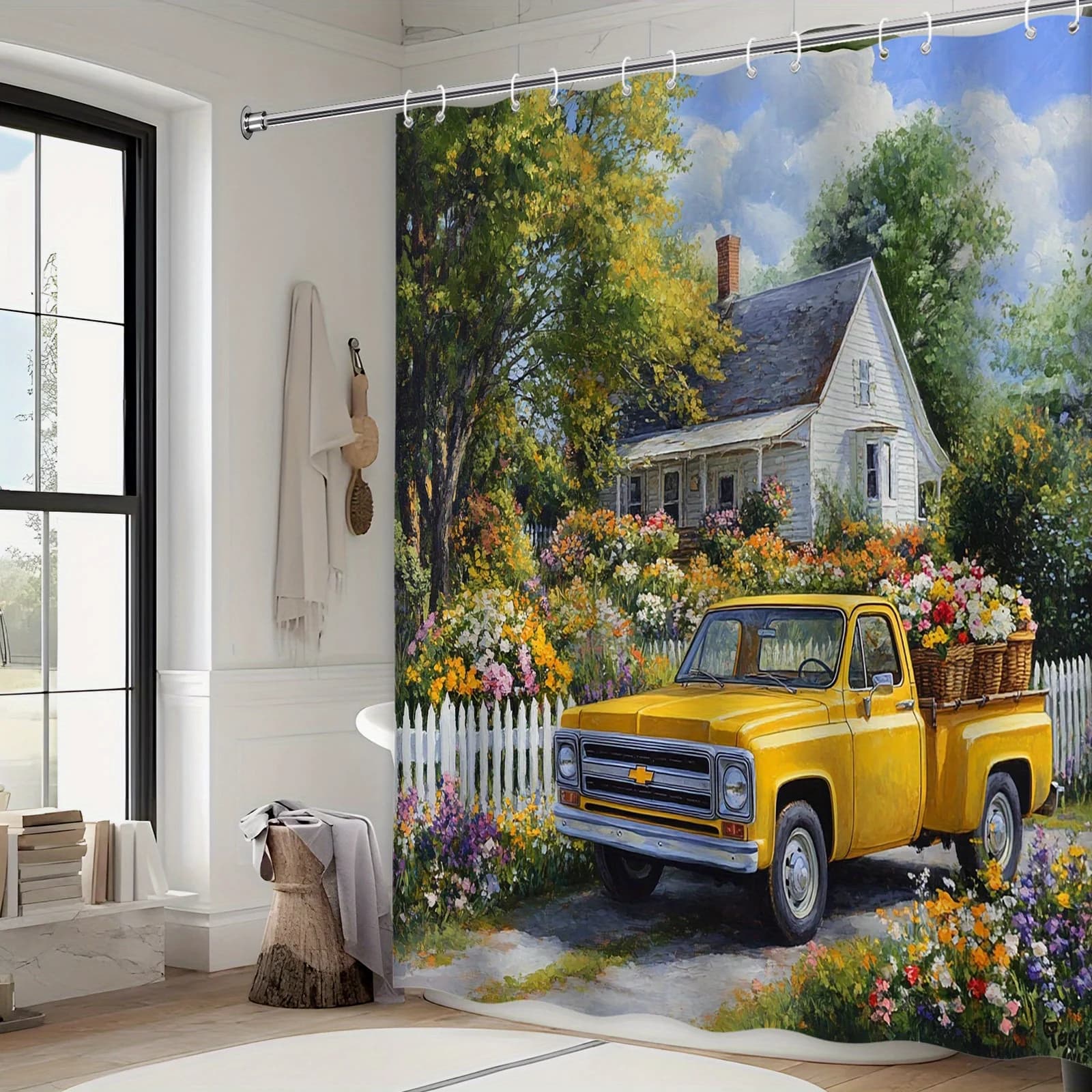 Tenda da doccia floreale vintage per camion - Pickup anni '50 con fiori, casa bianca e giardino, poliestere, arredamento bagno campagna