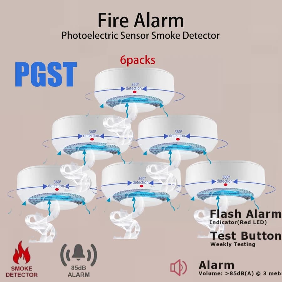 PGST Rilevatore di fumo indipendente Protezione antincendio Smokehouse Sistema di sicurezza domestica Rilevatore di fumo con indicatore LED e pulsante di prova