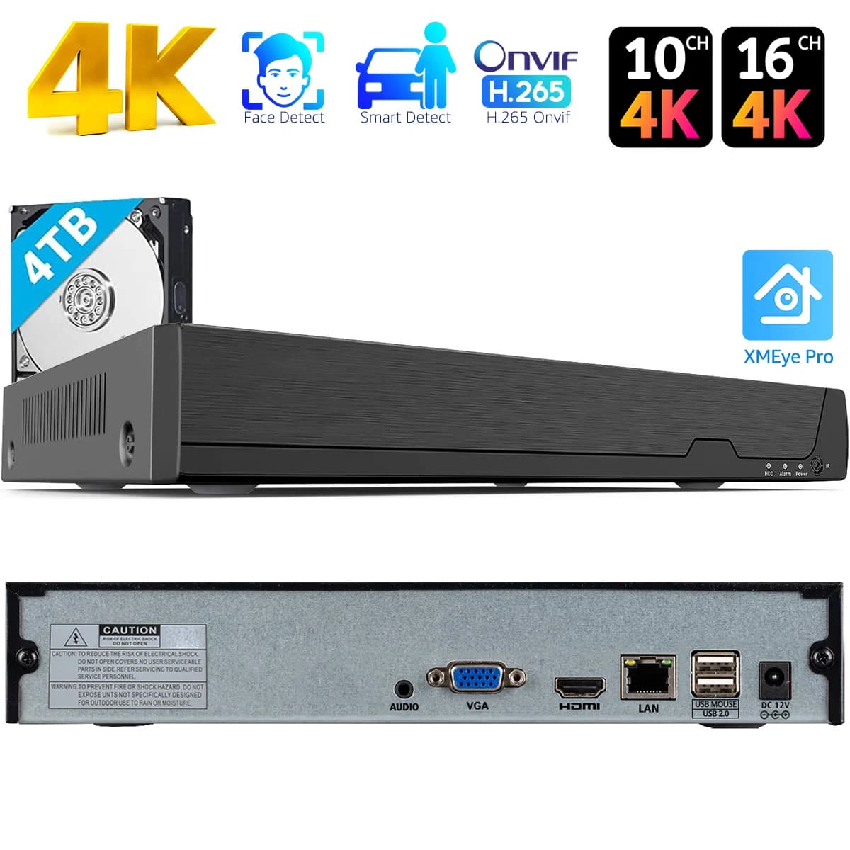 16CH 4K NVR H.265 Videoregistratore di rete Onvif per telecamere IP (1080P/3MP/4MP/5MP/8MP) XMeye NVR Face Detect P2P Cloud Registratore CCTV 24 ore su 24, 7 giorni su 7 con HDD SATA da 4 TB