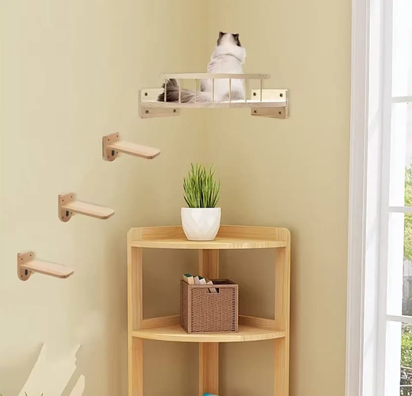 Set di 4 scaffali montati a parete per gatti, piattaforma di osservazione angolare con piccola piattaforma di salto per arrampicata e sonno dei gattini