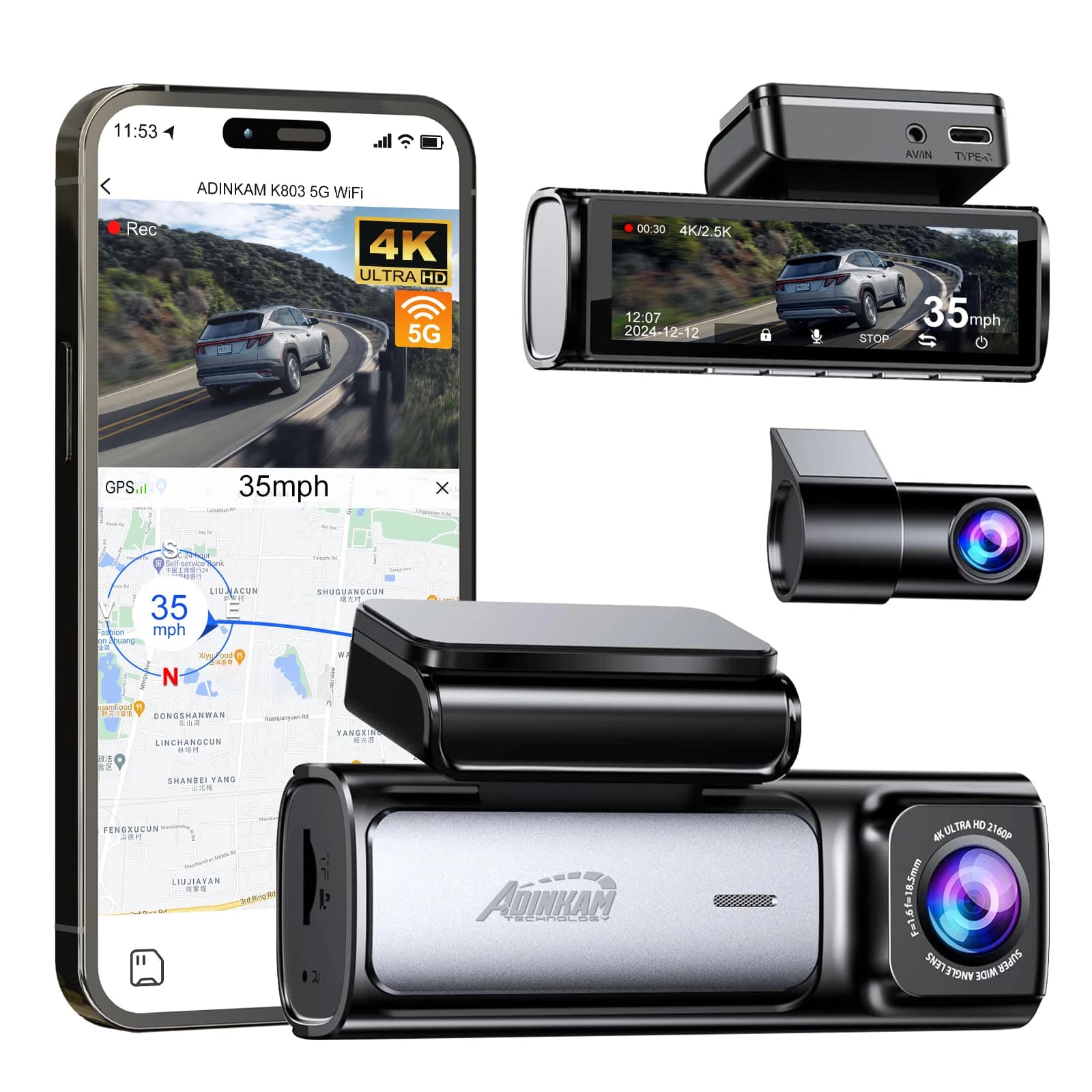 ADINKAM Dash Cam a Doppia Lente 5G WiFi GPS, Registrazione Anteriore 4K Posteriore 2.5K, Visione Notturna, Monitoraggio Parcheggio, Garanzia 1 Anno