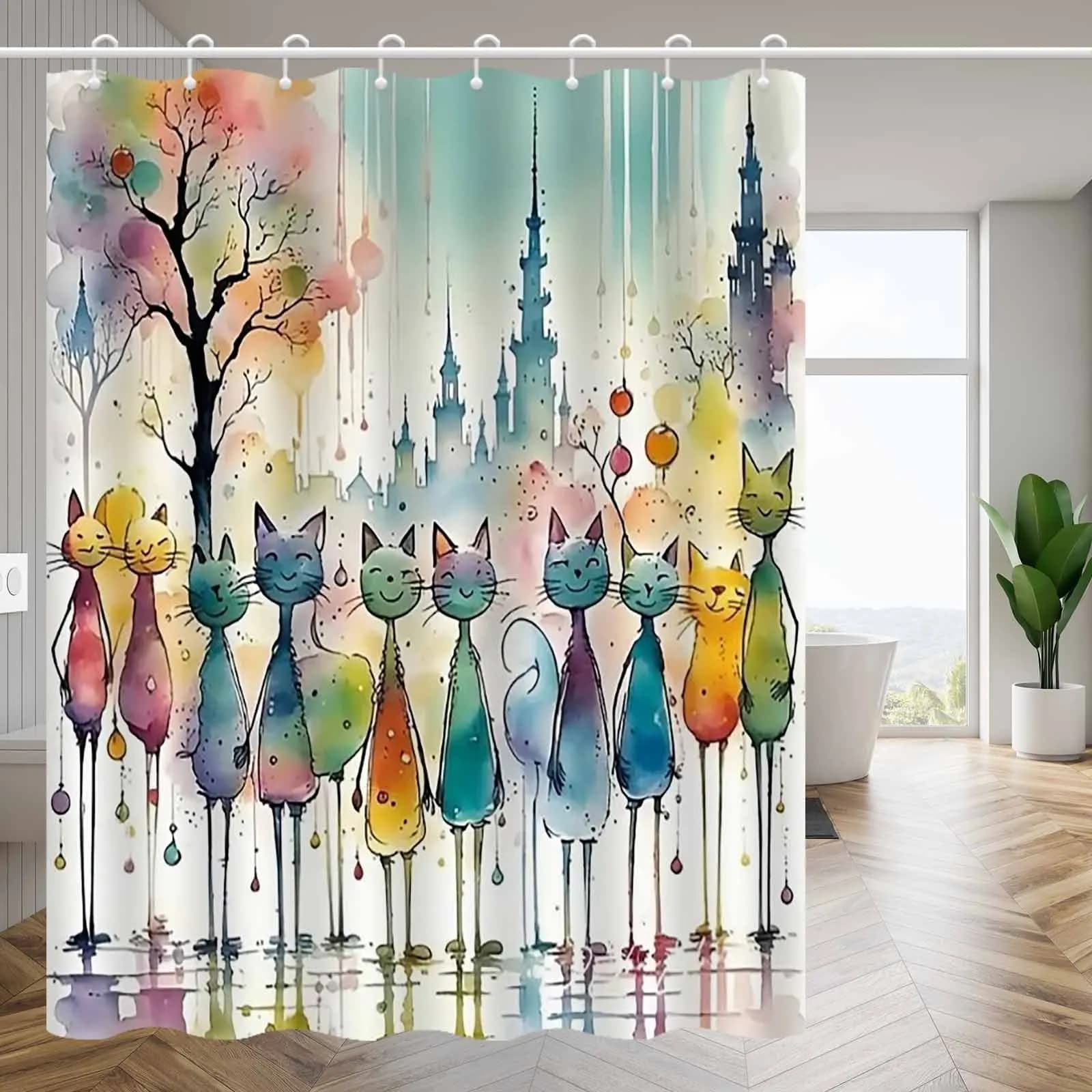 Tenda da doccia per gatti astratti artistici dipinti a mano da 1 pezzo, tenda da bagno elegante di fascia alta, motivo decorativo per il bagno