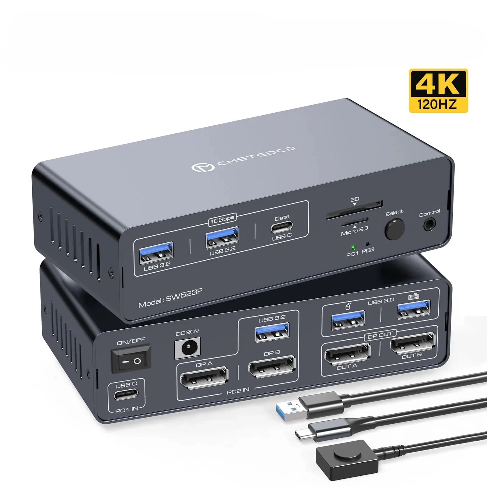 Switch KVM USB-C DP con Docking Station per 2 PC e 2 Monitor 4K@120Hz, Supporto Dispositivi USB 3.2, Ricarica PD fino a 100W, Compatibile con Windows e MacOS