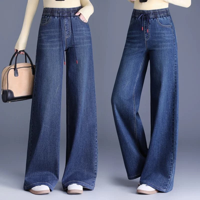 Jeans Autunno Nuova vita elastica Taglie forti Pantaloni slim fit a gamba larga Pantaloni da donna drappeggiati elasticizzati