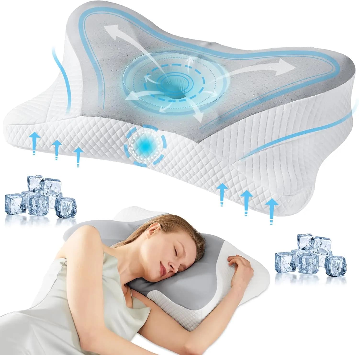 Cuscino Ergonomico Rinfrescante in Memory Foam per il Sollievo dal Dolore al Collo, Supporto a Doppia Altezza per Chi Dorme su un Fianco, sulla Schiena o sullo Stomaco, Grigio