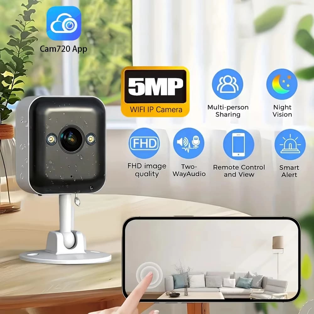 Telecamera Wireless Domestica Cam720 APP HD 5MP Mini WiFi 2.4G per Interni con Rilevamento Umano, Monitor per Bambini, Registrazione Video 24/7, CCTV