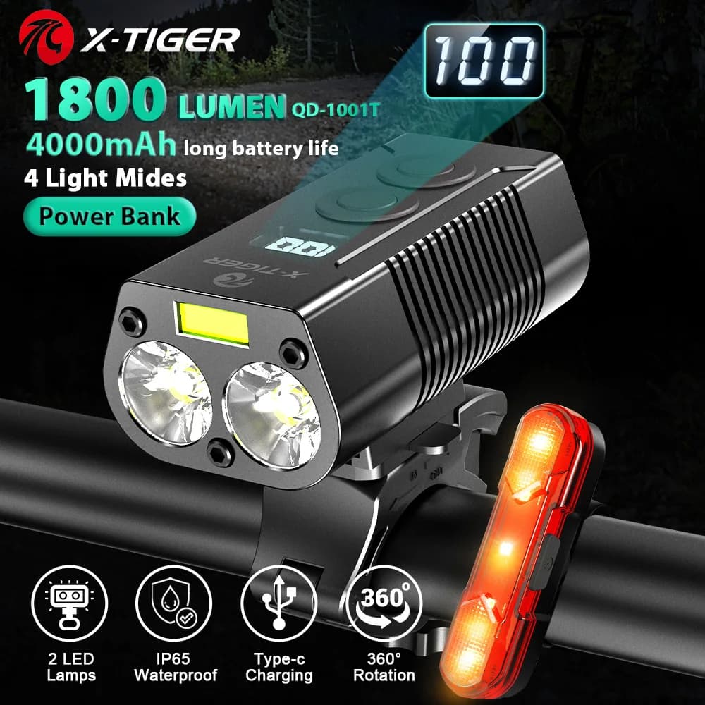 X-TIGER Luce per bici antipioggia con Power Bank Lampada a LED ricaricabile 4000mAh MTB Lampada frontale Faro Luce per bicicletta in alluminio