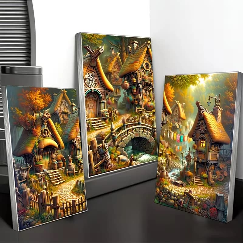 3Pcs DIY 5D Diamond Painting Kit Magical Fairy Tale Countryside Autumn Scenery Full Square Round Triptych Diamond Embroidery Art
